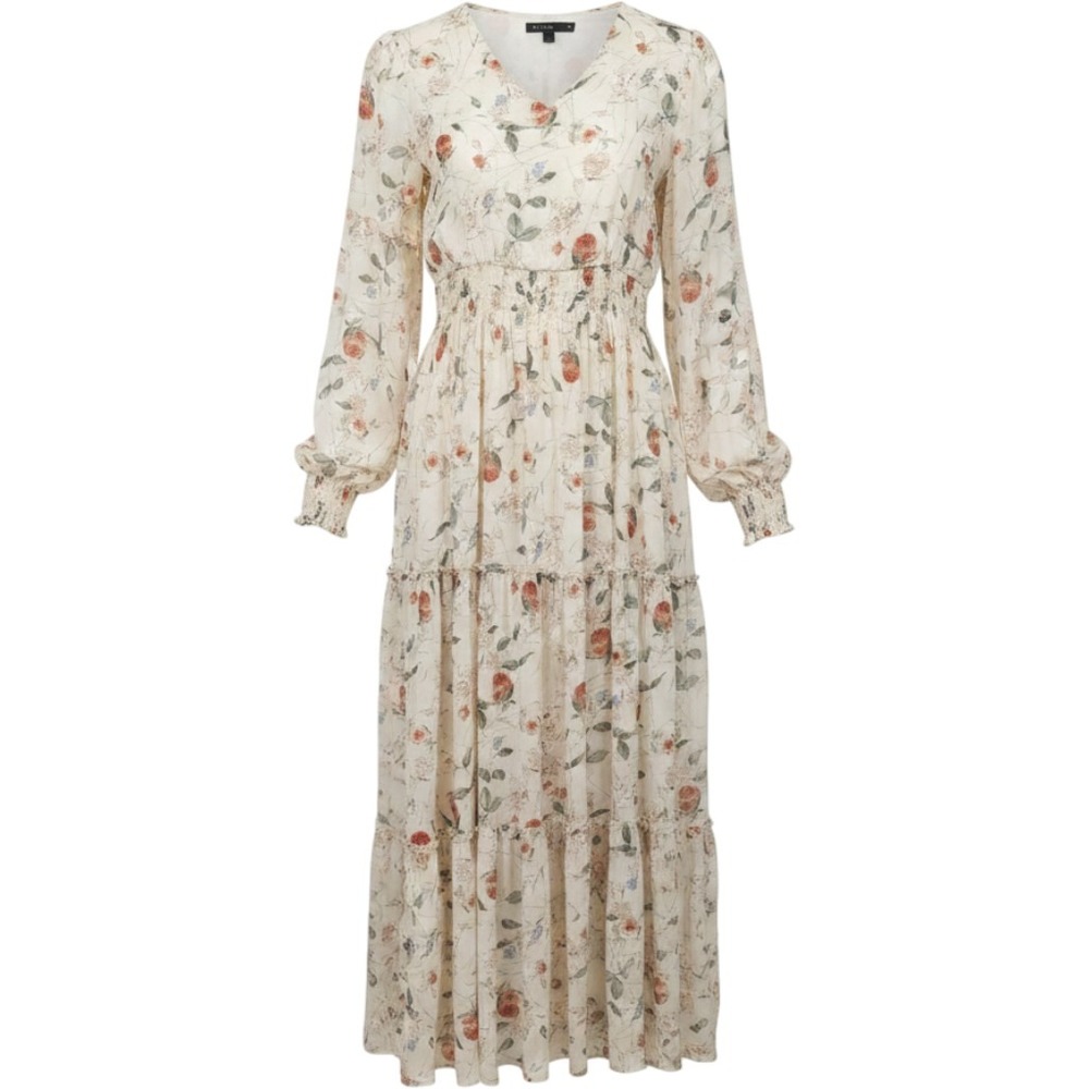 Mikarose Floral Fall Boho Maxi Dress XL Cream V-Neck Long Sleeve Tiered Smocked